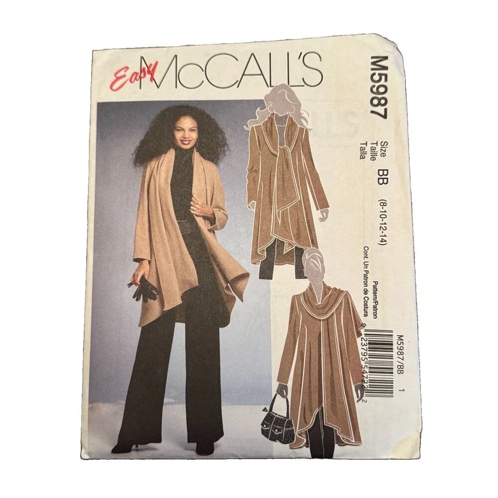 McCalls Sewing Pattern M5987 Misses Unlined Coat Scarf Collar Size 8 10 12 14